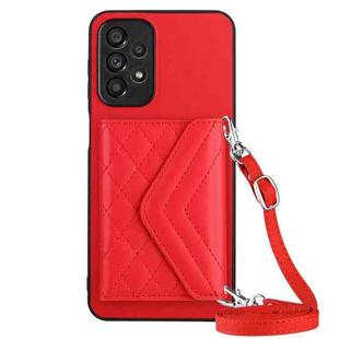 For Samsung Galaxy A52 Rhombic Texture Card Bag RFID Phone Case with Long Lanyard(Red)