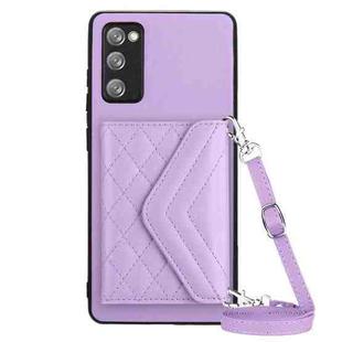 For Samsung Galaxy S20 FE Rhombic Texture Card Bag RFID Phone Case with Long Lanyard(Light Purple)