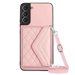 For Samsung Galaxy S21 FE Rhombic Texture Card Bag RFID Phone Case with Long Lanyard(Rose Gold)