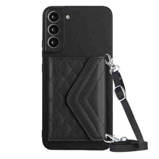 For Samsung Galaxy S21 FE Rhombic Texture Card Bag RFID Phone Case with Long Lanyard(Black)