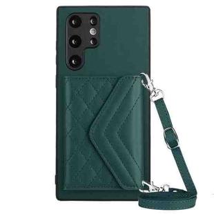 For Samsung Galaxy S22 Ultra 5G Rhombic Texture Card Bag RFID Phone Case with Long Lanyard(Green)