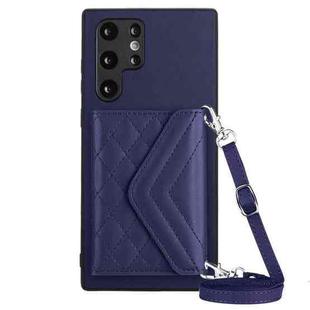 For Samsung Galaxy S22 Ultra 5G Rhombic Texture Card Bag RFID Phone Case with Long Lanyard(Blue)