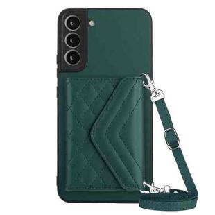 For Samsung Galaxy S22 5G Rhombic Texture Card Bag RFID Phone Case with Long Lanyard(Green)