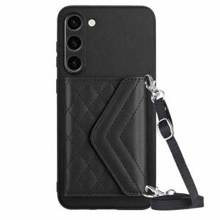 For Samsung Galaxy S23 5G Rhombic Texture Card Bag RFID Phone Case with Long Lanyard(Black)