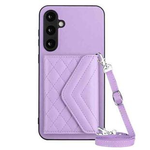 For Samsung Galaxy S23 FE 5G Rhombic Texture Card Bag RFID Phone Case with Long Lanyard(Light Purple)