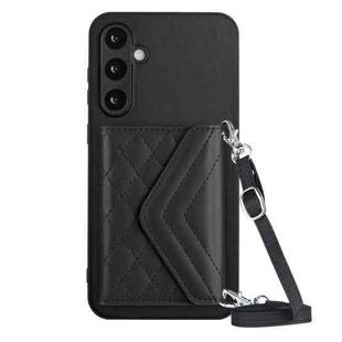 For Samsung Galaxy S23 FE 5G Rhombic Texture Card Bag RFID Phone Case with Long Lanyard(Black)