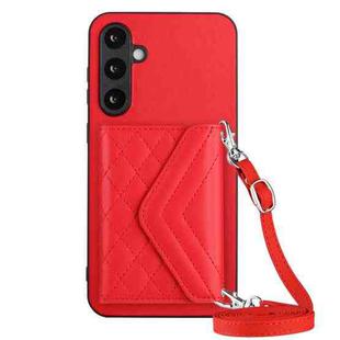 For Samsung Galaxy S23 FE 5G Rhombic Texture Card Bag RFID Phone Case with Long Lanyard(Red)