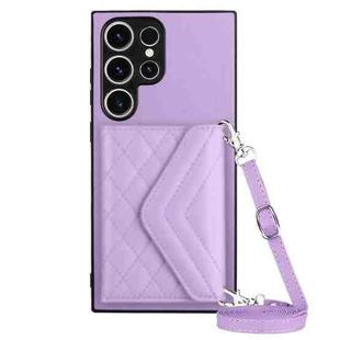 For Samsung Galaxy S23 Ultra 5G Rhombic Texture Card Bag RFID Phone Case with Long Lanyard(Light Purple)