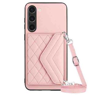 For Samsung Galaxy S23+ 5G Rhombic Texture Card Bag RFID Phone Case with Long Lanyard(Rose Gold)