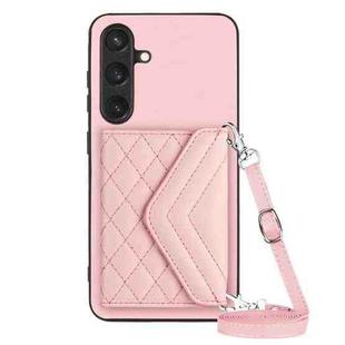 For Samsung Galaxy S24 5G Rhombic Texture Card Bag RFID Phone Case with Long Lanyard(Rose Gold)