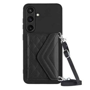 For Samsung Galaxy S24 5G Rhombic Texture Card Bag RFID Phone Case with Long Lanyard(Black)