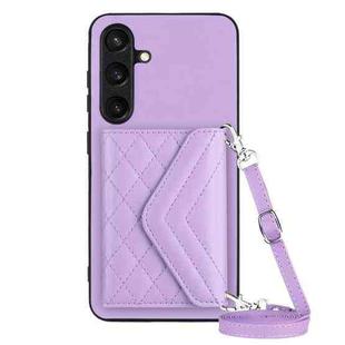 For Samsung Galaxy S24+ 5G Rhombic Texture Card Bag RFID Phone Case with Long Lanyard(Light Purple)