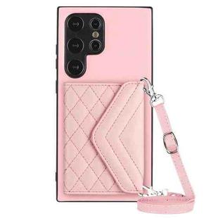 For Samsung Galaxy S24 Ultra 5G Rhombic Texture Card Bag RFID Phone Case with Long Lanyard(Rose Gold)