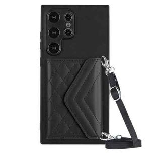 For Samsung Galaxy S24 Ultra 5G Rhombic Texture Card Bag RFID Phone Case with Long Lanyard(Black)