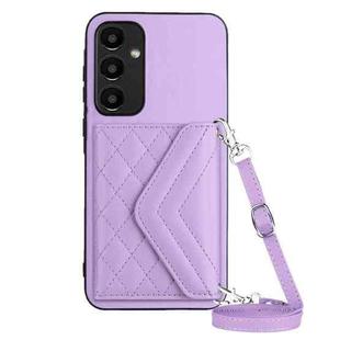 For Samsung Galaxy A35 Rhombic Texture Card Bag RFID Phone Case with Long Lanyard(Light Purple)