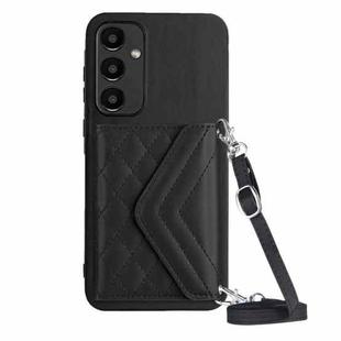 For Samsung Galaxy A55 Rhombic Texture Card Bag RFID Phone Case with Long Lanyard(Black)