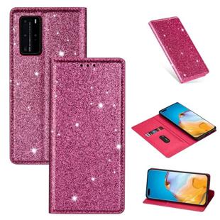 For Huawei P40 Ultrathin Glitter Magnetic Horizontal Flip Leather Case with Holder & Card Slots(Rose Red)