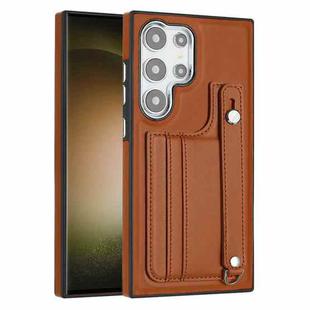 For Samsung Galaxy S24 Ultra 5G Shockproof Leather Phone Case with Wrist Strap(Brown)