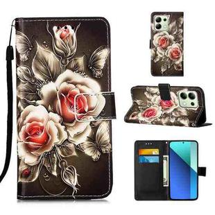 For Xiaomi Redmi Note 13 4G Global Colored Drawing Pattern Plain Weave Leather Phone Case(Roses On Black)