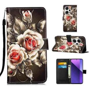 For Xiaomi Redmi Note 13 Pro+ 5G Colored Drawing Pattern Plain Weave Leather Phone Case(Roses On Black)