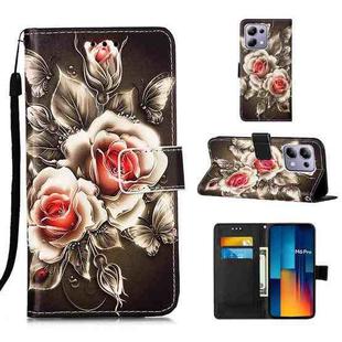 For Xiaomi Poco M6 Pro 4G Colored Drawing Pattern Plain Weave Leather Phone Case(Roses On Black)