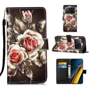 For Xiaomi Redmi K70E Colored Drawing Pattern Plain Weave Leather Phone Case(Roses On Black)