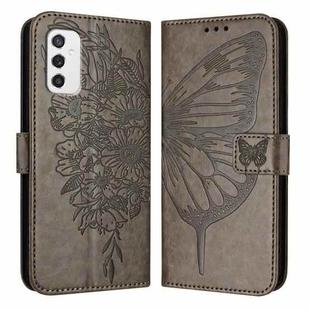 For Samsung Galaxy M52 5G Embossed Butterfly Leather Phone Case(Grey)
