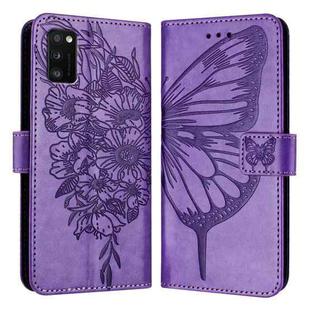 For Samsung Galaxy A41 EU Embossed Butterfly Leather Phone Case(Light Purple)