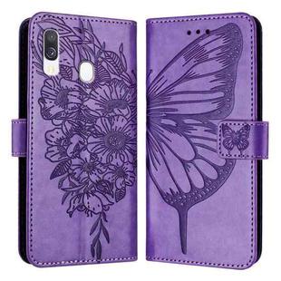 For Samsung Galaxy A40 Embossed Butterfly Leather Phone Case(Light Purple)