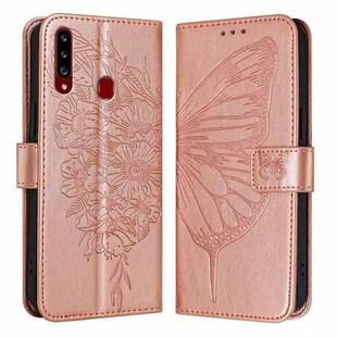 For Samsung Galaxy A20s Embossed Butterfly Leather Phone Case(Rose Gold)