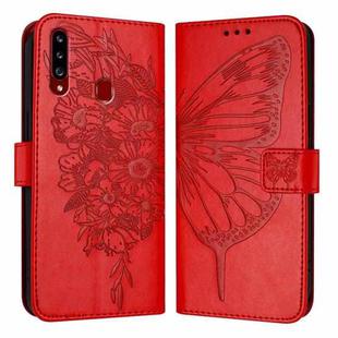 For Samsung Galaxy A20s Embossed Butterfly Leather Phone Case(Red)