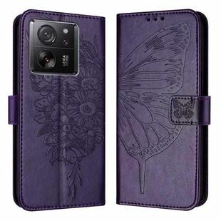 For Xiaomi 13T / 13T Pro Global Embossed Butterfly Leather Phone Case(Dark Purple)