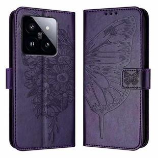 For Xiaomi 14 Pro 5G Global Embossed Butterfly Leather Phone Case(Dark Purple)