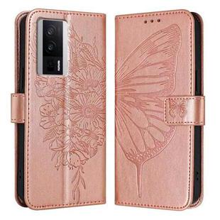For Xiaomi Poco F5 Pro/Redmi K60/K60 Pro Embossed Butterfly Leather Phone Case(Rose Gold)