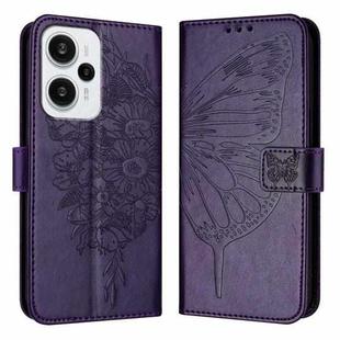 For Xiaomi Poco F5/Redmi Note 12 Turbo 5G Embossed Butterfly Leather Phone Case(Dark Purple)