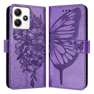 For Xiaomi Poco M6 Pro 5G / Redmi 12 4G/5G Embossed Butterfly Leather Phone Case(Purple)