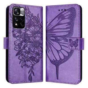 For Xiaomi Poco X4 NFC Embossed Butterfly Leather Phone Case(Purple)