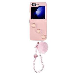 For Samsung Galaxy Z Flip5 Square Glitter Skin Feel Liquid Silicone TPU Phone Case with Plush Lanyard(Pink)