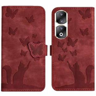 For Honor 90 Pro 5G Butterfly Cat Embossing Flip Leather Phone Case(Red)