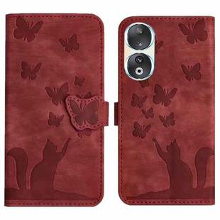 For Honor 90 / 80 Butterfly Cat Embossing Flip Leather Phone Case(Red)