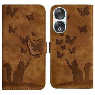 For Honor 90 / 80 Butterfly Cat Embossing Flip Leather Phone Case(Brown)