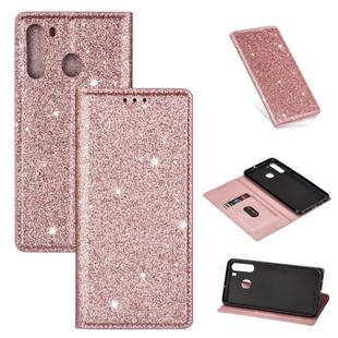 For Samsung Galaxy A21 Ultrathin Glitter Magnetic Horizontal Flip Leather Case with Holder & Card Slots(Rose Gold)
