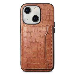 For iPhone 14 Crocodile Texture Card Bag Design Full Coverage Phone Case(Brown)