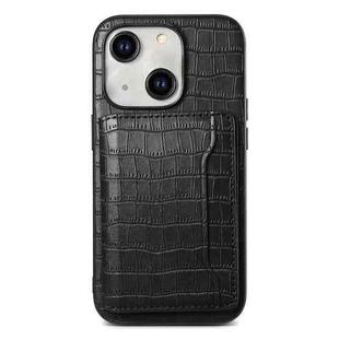 For iPhone 15 Plus Crocodile Texture Card Bag Design Full Coverage Phone Case(Black)