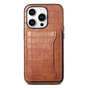 For iPhone 15 Pro Max Crocodile Texture Card Bag Design Full Coverage Phone Case(Brown)