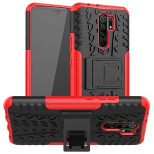 For Xiaomi Redmi 9 Tire Texture Shockproof TPU + PC Protective Case with Holder(Red)