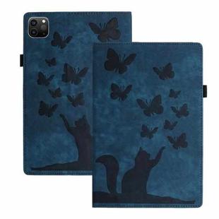 For iPad Pro 12.9 2022 / 2021 / 2020 Butterfly Cat Embossing Leather Tablet Case(Dark Blue)