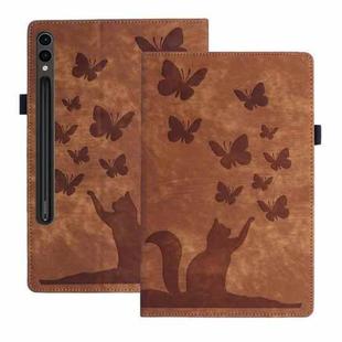 For Samsung Galaxy Tab S9 Ultra / S8 Ultra Butterfly Cat Embossing Leather Tablet Case(Brown)