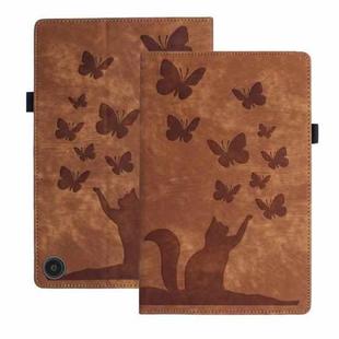 For Amazon Fire HD 10 2023 Butterfly Cat Embossing Leather Tablet Case(Brown)