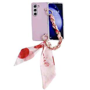 For Samsung Galaxy Z Fold4 5G Metallic Paint Leather Phone Case with Scarf Bracelet(Pink)